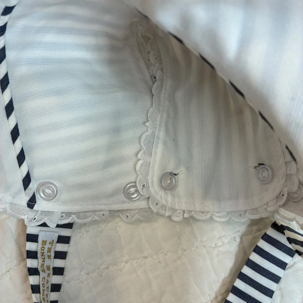 The Beaufort Bonnet Co Navy White Stripe Eyelet Trim Bonnet Small Adjustable